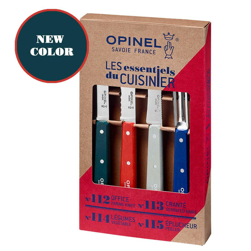 Opinel | Essential Small Kitchen Knife Sets - Primo featuring a four-piece knife set with colorful handles displayed in cardboard packaging, ideal for aspiring chefs or home cooks.