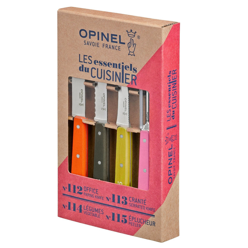 Opinel | Essential Small Kitchen Knife Sets, Fifties: A boxed set featuring four colorful knives with stainless-steel blades, ideal for versatile kitchen use.