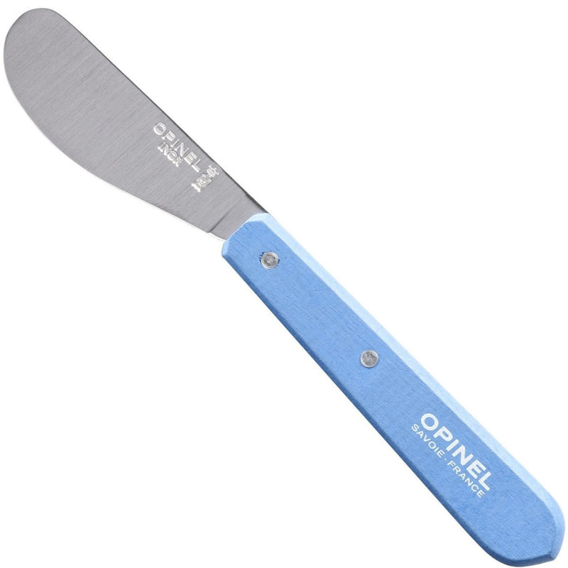 Opinel | Essential Spreading Knife - Pink with a wide, dull stainless-steel blade and sky-blue wooden handle, ideal for spreading butter, cheese, and jams.