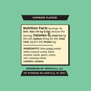 Spicewalla | Everything Bagel Seasoning label with Nutrition Facts and ingredients: blue poppy seeds, sesame seeds, garlic, onion, salt, caraway seeds. 94 servings, 0 calories per serving.