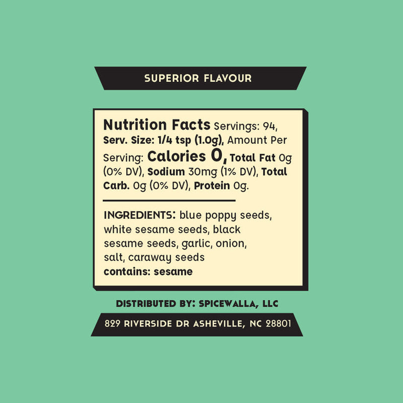Spicewalla | Everything Bagel Seasoning label with Nutrition Facts and ingredients: blue poppy seeds, sesame seeds, garlic, onion, salt, caraway seeds. 94 servings, 0 calories per serving.