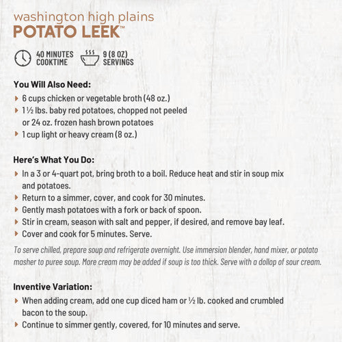 Anderson House | Frontier Soups, Washington High Plains Potato Leek Soup