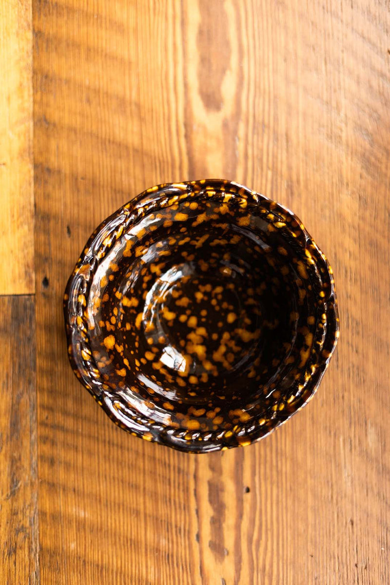 Provvista Designs Basket Jubilee Cereal Bowl in Honey Tortoise glaze, featuring a scalloped edge and rope accent, perfect for breakfast or desserts.