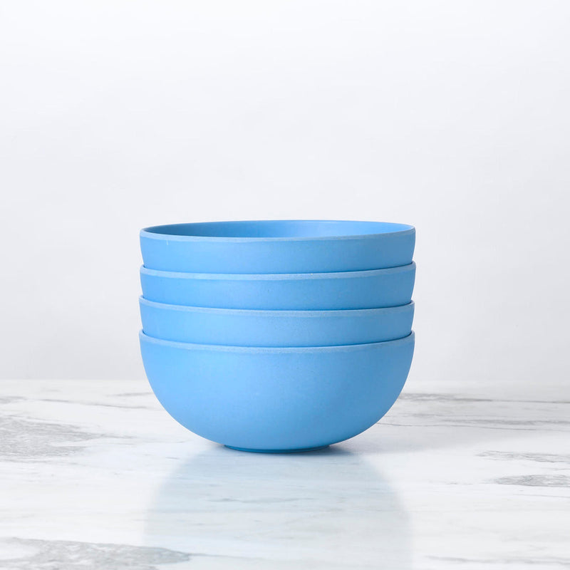 Fable New York | Bamboo Plates & Dinnerware - Cereal Bowl (Set of 4) - Robins Egg, showcasing a stack of eco-friendly, durable blue bowls from Athens Cooks.