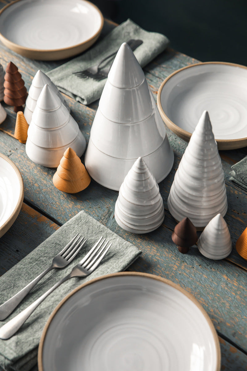 Farmhouse Pottery Balsam Woodland Trees arranged in a grouping - ceramic trees in multiple sizes, made in Vermont