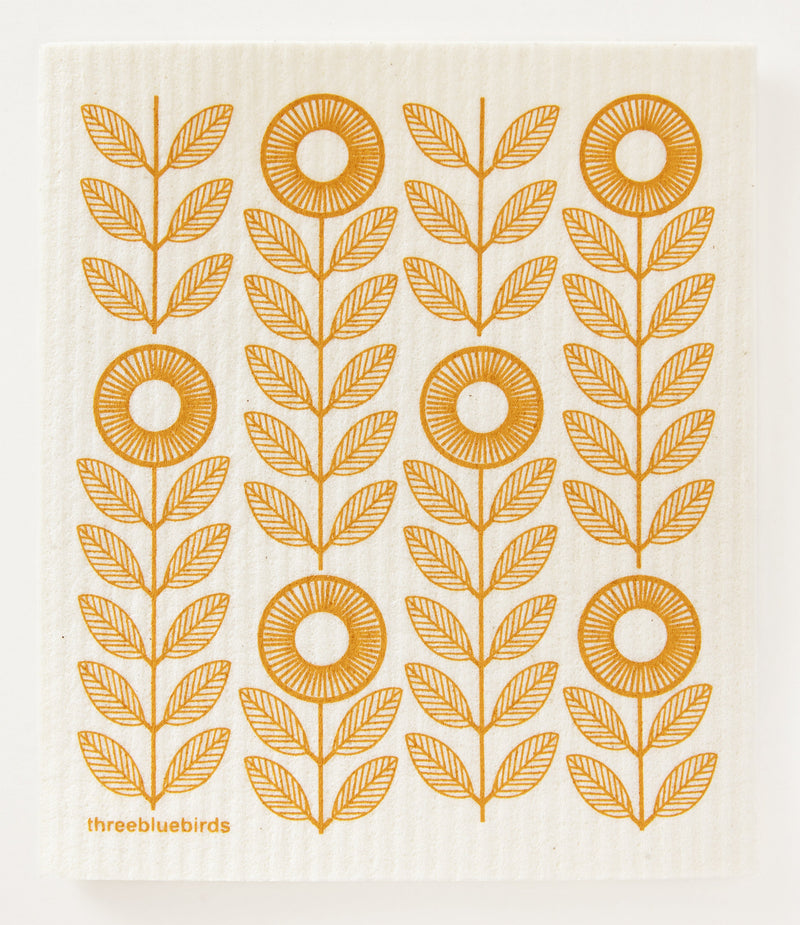 Three Bluebirds Swedish Dishcloths | Fall Swedish Dishcloths - Mustard Sunflowers, featuring a close-up of an intricate sunflower motif on a sustainable, reusable dishcloth.