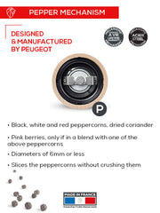 Peugeot | Paris Chef u'Select Passion Red Pepper Mill, 9 inches, features a lifetime-guaranteed steel mechanism for precise grinding, recommended for various peppercorns and spices.