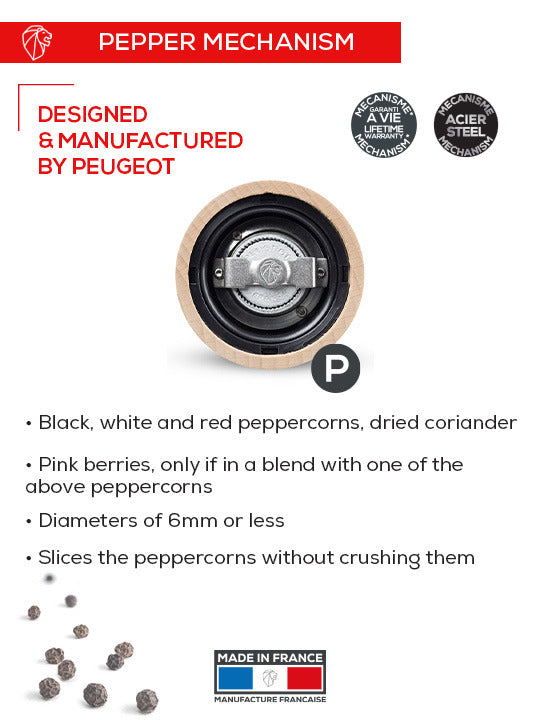 Peugeot | Paris Chef u'Select Passion Red Pepper Mill, 9 inches, features a lifetime-guaranteed steel mechanism for precise grinding, recommended for various peppercorns and spices.