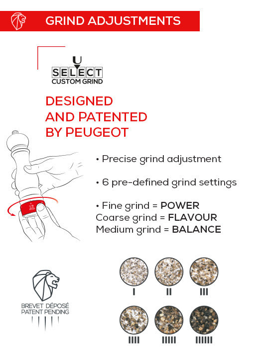 Peugeot | Paris u'Select Pepper Mill Natural Wood, 9 inches, showing grind adjustments with six settings for precise control, highlighting Peugeot's patented mechanism and iconic design.