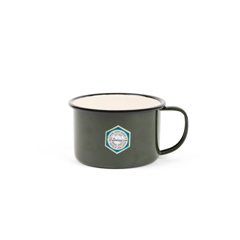 Crow Canyon Home | Camp Wandawega x CCH Enamelware Soup Mug - Forest Green and Cream with Black Rim, designed for nostalgic outdoor cooking experiences.