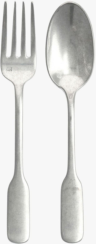 Fortessa | Ashton Antiqued 2pc Serving Set, featuring a close-up of a spoon and a white cylindrical handle. Perfect for elegant dining presentations.