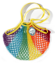 Filt | French Market Bags - Rainbow: A colorful mesh bag with a tag, showcasing durability and eco-friendly design, ideal for versatile shopping needs.