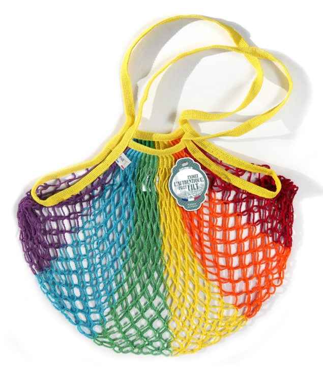 Filt | French Market Bags - Rainbow: A colorful mesh bag with a tag, showcasing durability and eco-friendly design, ideal for versatile shopping needs.