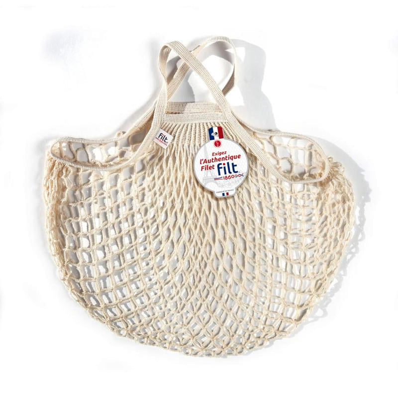 Filt | French Market Bags - White, close-up of a label on a durable, stylish cotton net bag, ideal for eco-conscious shopping and daily errands.