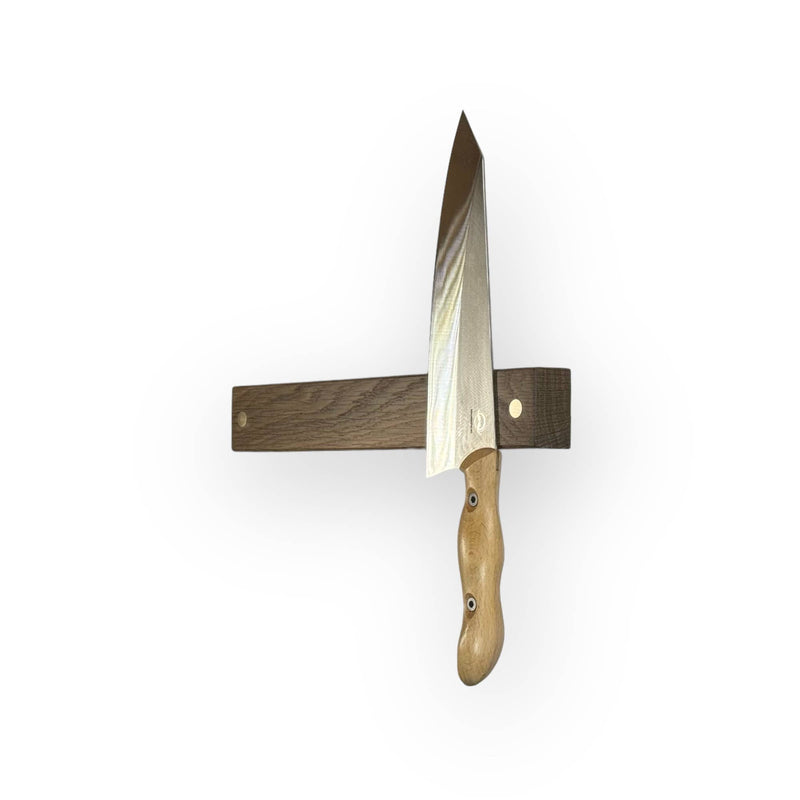 Rune-Jakobsen Design | '2-DOTS' Knife Holder with Brass Details - Fumed oak - 16, close-up view of handcrafted magnetic rail in sustainable wood.