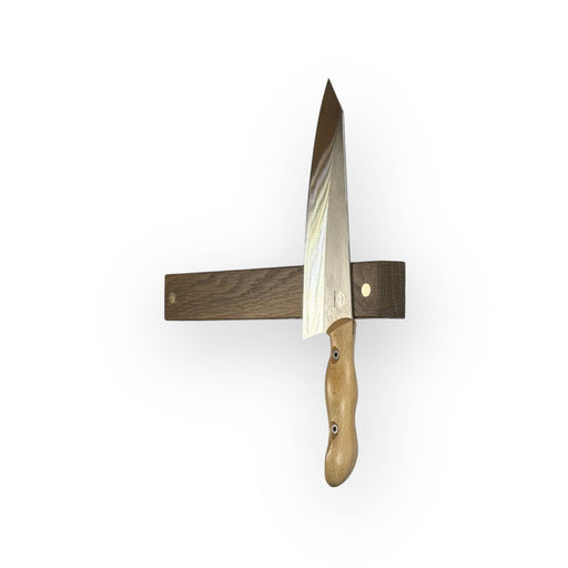 Rune-Jakobsen Design | '2-DOTS' Knife Holder with Brass Details - Fumed oak - 16, close-up view of handcrafted magnetic rail in sustainable wood.