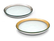 Annie Glass | 12 Buffet Plate featuring two round, shallow glass platters with textured surfaces and metallic rims—one gold, one silver—ideal for elegant serving.