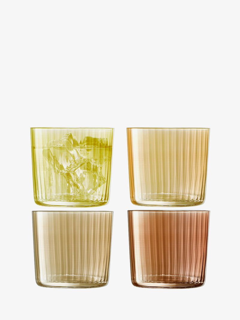 Set of four LSA International Gems Tumblers, 19oz, featuring fluted textures and gemstone-like hand-painted designs, perfect for elegant or casual gatherings.