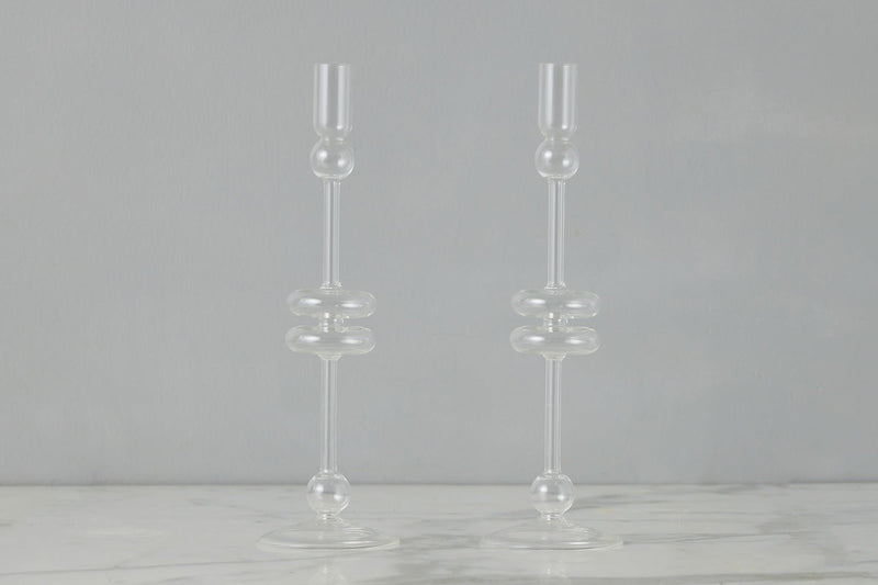 Etú HOME | Clear Glass Large Pair Candlestick for elegant home decor, expertly crafted for taper candles, perfect for enhancing your dining or living space.