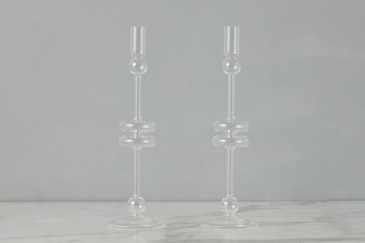 Etú HOME | Clear Glass Large Pair Candlestick for elegant home decor, expertly crafted for taper candles, perfect for enhancing your dining or living space.