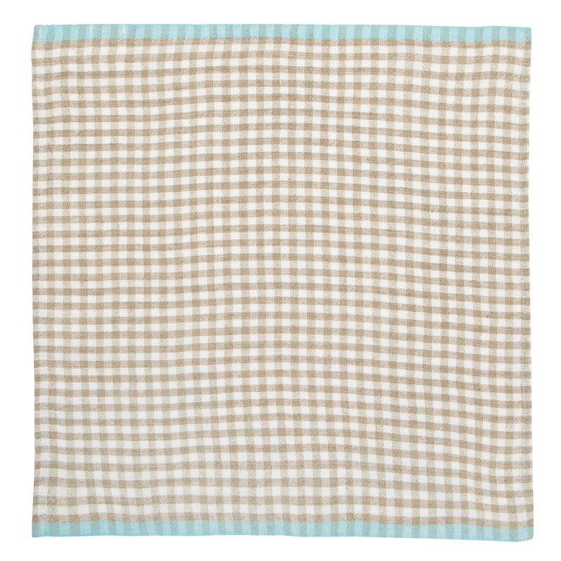 Caravan Home | Gingham Natural & Aqua Towels: A beige-and-white gingham kitchen towel with a pale-blue border, perfect for adding a chic touch to your kitchen decor.