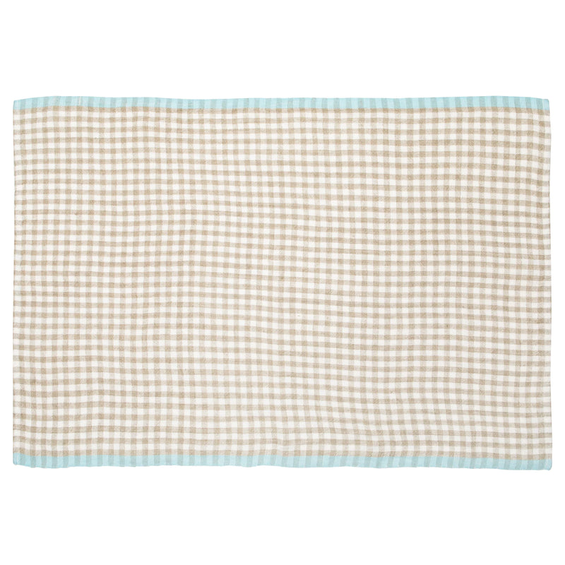 Caravan Home | Gingham Natural & Aqua Towels, featuring beige gingham with pale-blue trim, perfect for enhancing kitchen settings with a classic, French-inspired elegance.