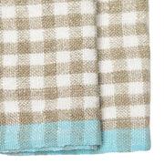 Caravan Home | Gingham Natural & Aqua Towels: A beige-and-white gingham kitchen towel with a turquoise hem, perfect for adding a chic touch to any kitchen setting.