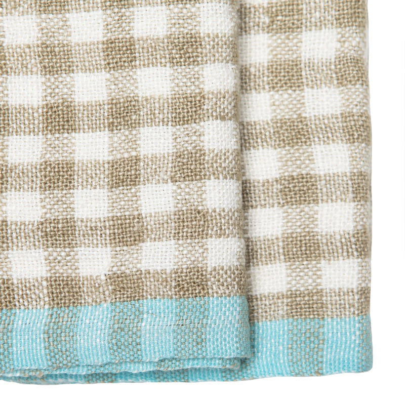 Caravan Home | Gingham Natural & Aqua Towels: A beige-and-white gingham kitchen towel with a turquoise hem, perfect for adding a chic touch to any kitchen setting.