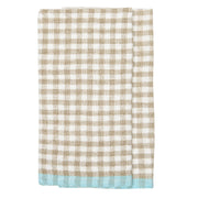 Caravan Home | Gingham Natural & Aqua Towels: A folded, textured kitchen towel with beige gingham checks and aqua-blue hem, ideal for adding charm to your kitchen.