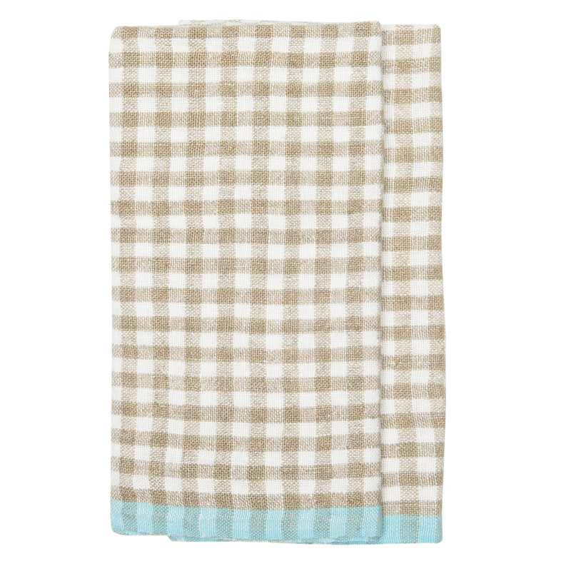 Caravan Home | Gingham Natural & Aqua Towels: A folded, textured kitchen towel with beige gingham checks and aqua-blue hem, ideal for adding charm to your kitchen.