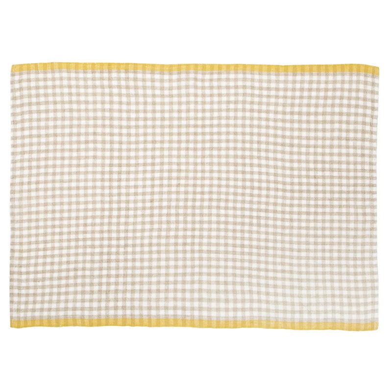 Caravan Home 20 x 30 Gingham Natural & Dijon Towel, featuring beige-and-white gingham check with yellow borders, ideal for outdoor celebrations or sunny kitchens.