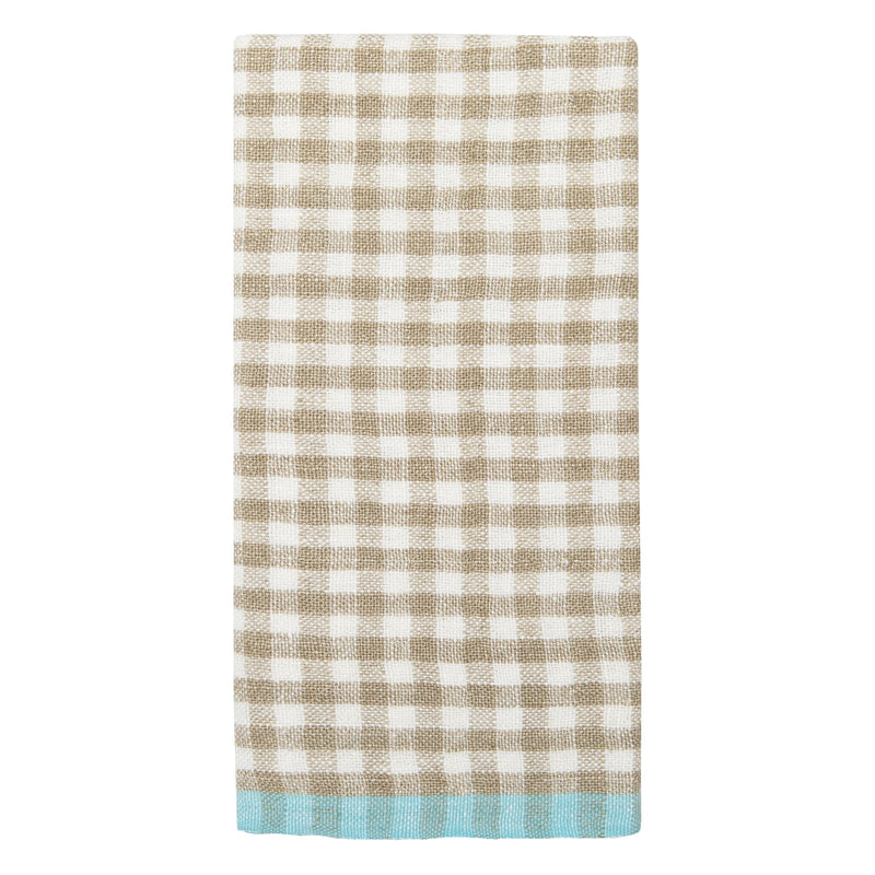 Caravan Home | Gingham Natural & Aqua Towel: A beige and white gingham kitchen towel with an aqua band, ideal for adding elegance to any kitchen setting.