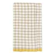 Caravan Home | 20 x 30 Gingham Natural & Dijon Towels with a beige-and-white gingham pattern and a yellow border, ideal for casual or sunny kitchen settings.