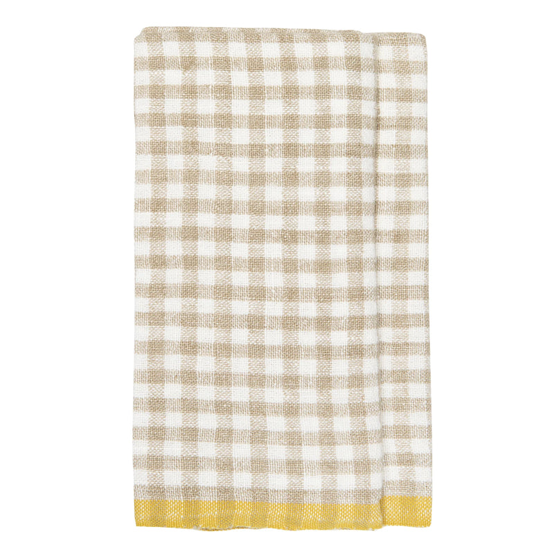 Caravan Home | 20 x 30 Gingham Natural & Dijon Towels with a beige-and-white gingham pattern and a yellow border, ideal for casual or sunny kitchen settings.