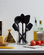 GIR | 5-Piece Ultimate Tool Set - Black, featuring durable silicone utensils in a glass container, ideal for versatile kitchen tasks.