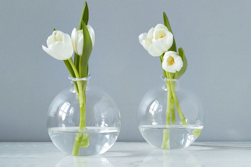 Etú HOME | Clear Sphere Bud Vase showcasing white flowers, highlighting its unique off-center design and artisanal craftsmanship. Perfect for single-stem displays on a tabletop.