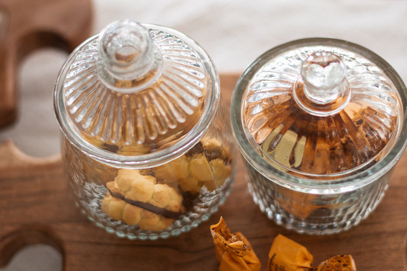 Etú HOME | Bistro Biscuit Jar: A textured glass jar with lid, inspired by 1930s design, ideal for storing cookies or confections.