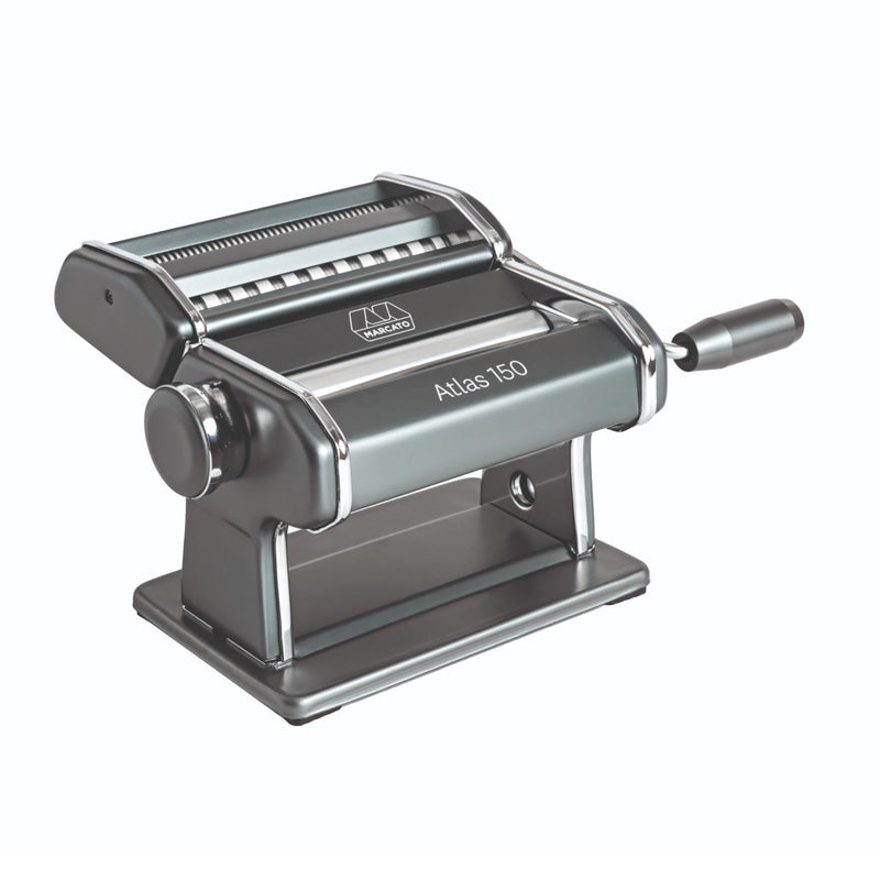 Marcato | Atlas 150 Pasta Maker (Powder Grey) with handle, showcasing its manual design for rolling and cutting fresh pasta dough at home.