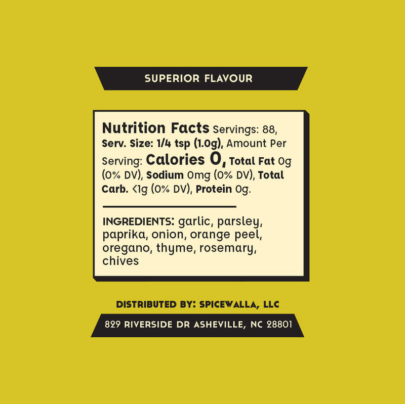 Spicewalla | Garlic & Herb seasoning label, highlighting a zesty blend of garlic, herbs, and orange peel for versatile cooking. Contains zero calories and minimal carbs.