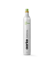 Aarke CO2 Cylinder with a white body and green top, designed for carbonating drinks, ideal for use in kitchen and bar settings.