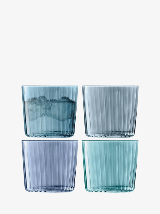 Set of four LSA International Gems Tumblers, 19oz each, with fine fluted texture, hand-painted to resemble gemstone facets. Ideal for both casual and formal occasions.