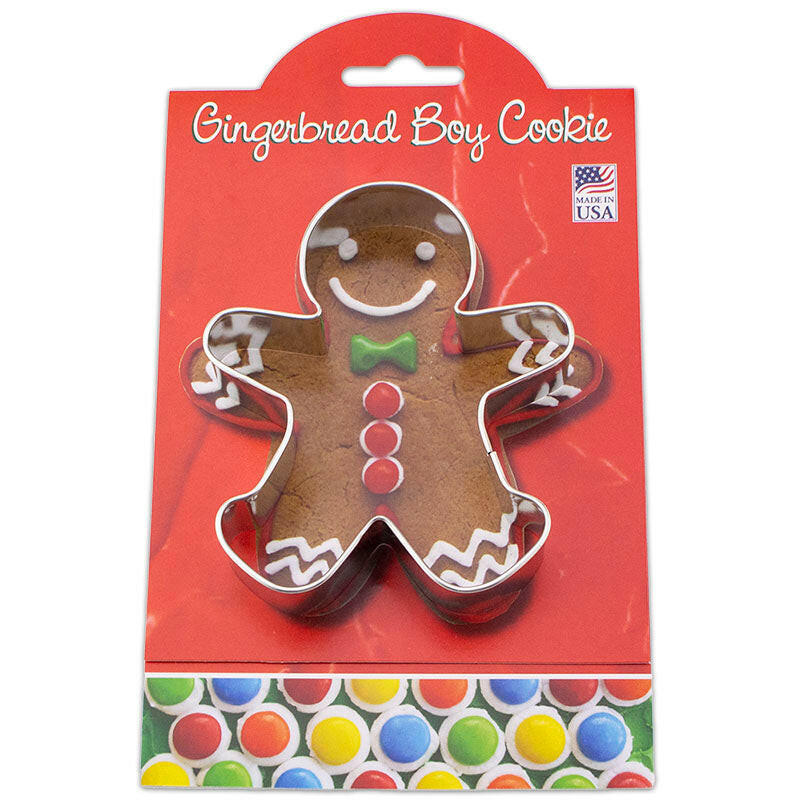 Ann Clark | Holiday Gift Cookie Cutters - Gingerbread House Kit-4 features a packaged gingerbread man-shaped cookie cutter, ideal for creative baking enthusiasts.
