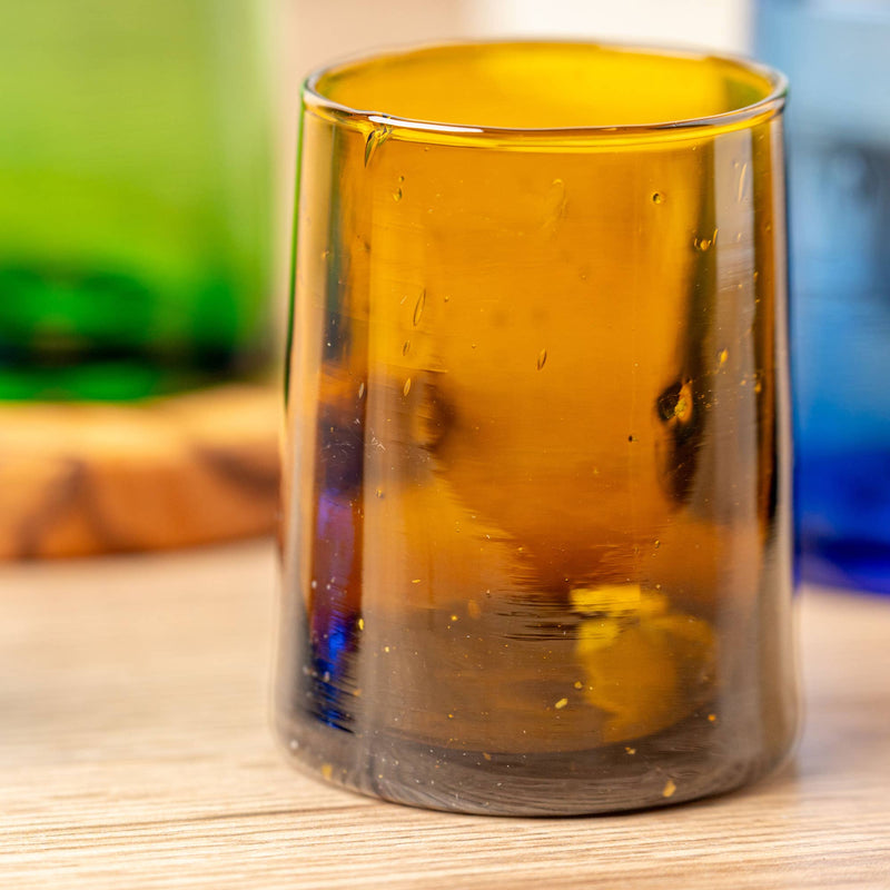 Moroccan Cone Glassware Small - Amber - Set of 6, featuring hand-blown cone-shaped glasses with visible bubbles, perfect for beverages or as decorative vases.