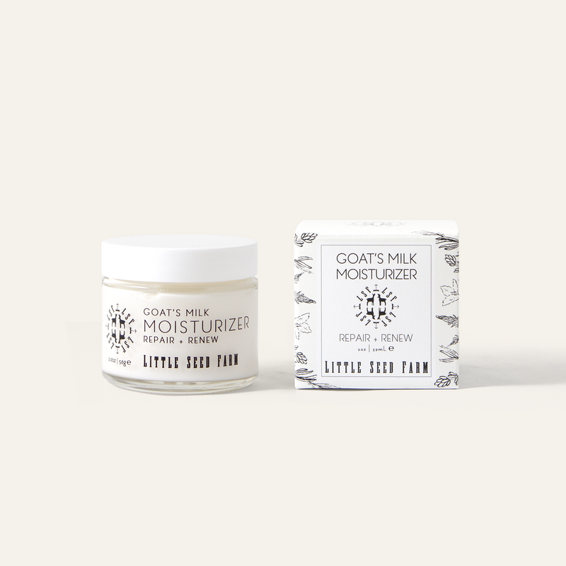 Little Seed Farm | Goat's Milk Moisturizer in a sleek jar, highlighting its nourishing formula with Goat’s Milk, Argan Oil, and botanical actives for a radiant complexion.