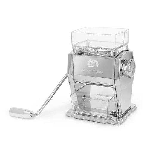 Marcato | Mill + Grain Crusher: Hand-crank tabletop grain mill with clear hopper, adjustable fineness knob, and front chamber for freshly milled flour. Ideal for sustainable home baking.