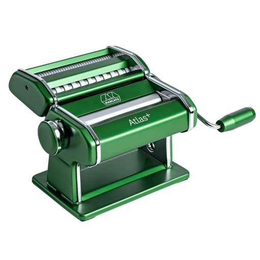 Marcato | Atlas 150 Plus Pasta Machine, Green, showcasing adjustable rollers and a double cutter for lasagne, fettuccine, and spaghetti, perfect for home chefs.