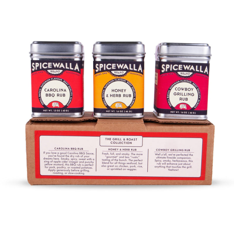 Spicewalla | Grill & Roast Gift Collection: Three tins featuring Carolina BBQ, Honey & Herb, and Cowboy Grilling rubs, ideal for enhancing grilled and roasted dishes.