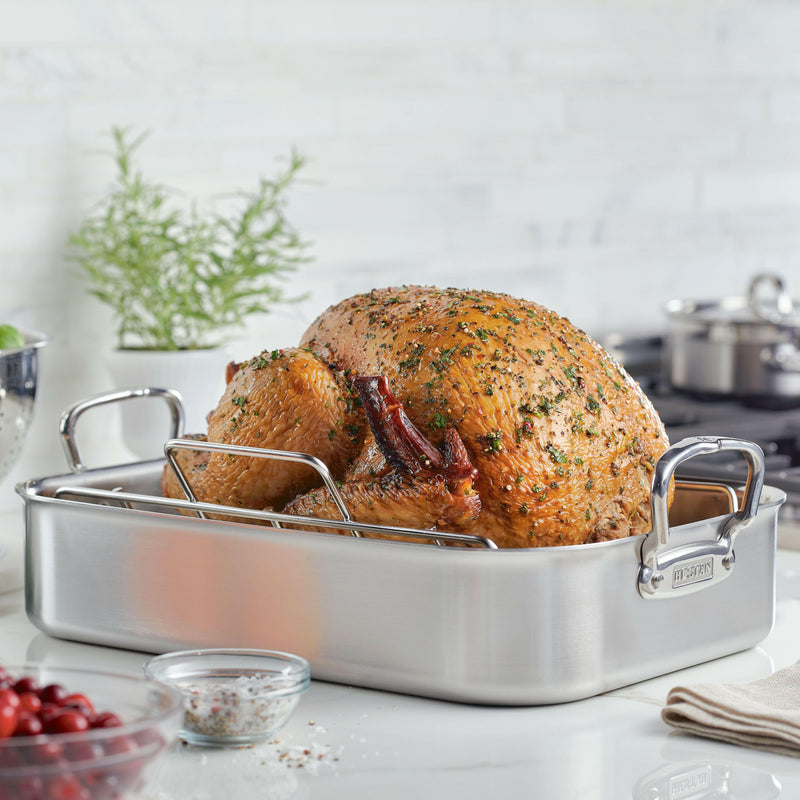 Hestan Provisions Classic Roaster with Rack in stainless steel, showcasing a roasted turkey, herbs, and cranberries on a kitchen counter at Athens Cooks.