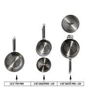 Heritage Steel | Eater 5 Piece Essentials Set: Features a 10.5 fry pan, 3-quart saucepan with lid, and 4-quart sauté pan with lid. Durable, fully clad construction.