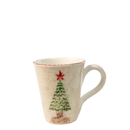 Holiday Tree Mug featuring a hand-painted fir tree and red-rimmed edge, embodying Zafferano's festive nostalgia, perfect for cozy winter mornings.